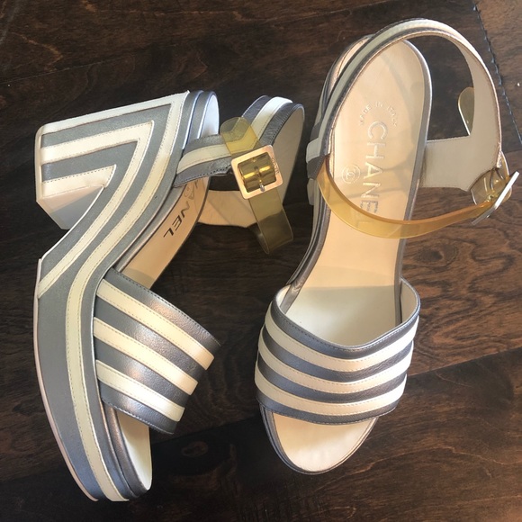 CHANEL Shoes - CHANEL Striped Silver White Platform Wedge Shoes
